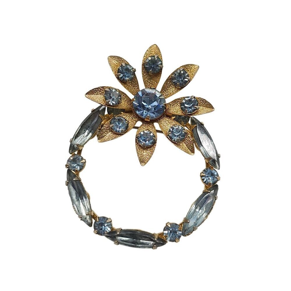Vintage Gold Tone Brooch With Blue Rhinestones In Floral Design